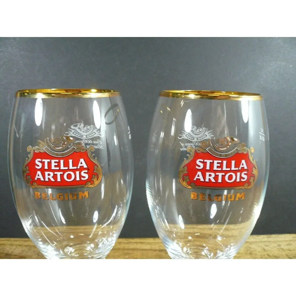 2 Stella Artois Chalice Beer Glass Gold Rim 40cl NEW Belgium 16 oz.